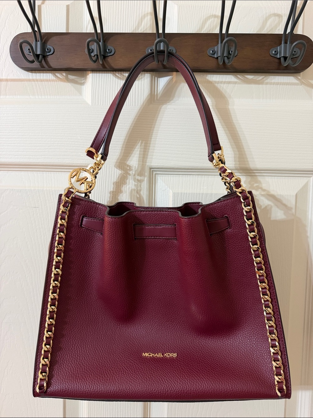 Michael Kors Burgundy Leather Shoulder Bag with Gold Chain Trim